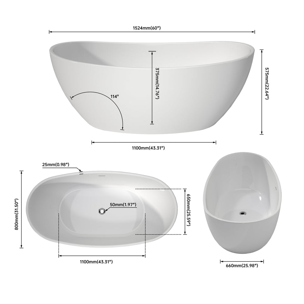 English Elm Acrylic Freestanding Soaking Tub Sculptural Deep Soak Design for Modern Spa Bathrooms T3785P380654