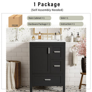 English Elm Modern 24 Inch Bathroom Vanity Solid Wood Cabinet with Ceramic Sink and Soft Close Storage Black N729P292859B