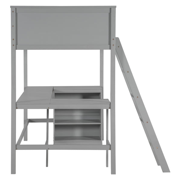 English Elm Twin Loft Bed with Built-in Desk and Open Shelves Solid Pine Kids Study Sleep Gray LT001537AAE-1
