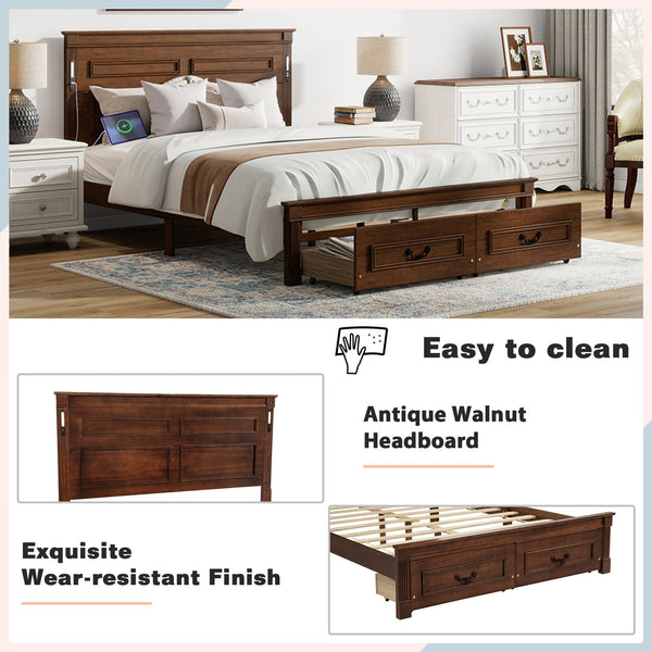 English Elm Queen Farmhouse Pinewood Storage Bed with Led Lighting Usb Charging and Panel Headboard Walnut W504P391016