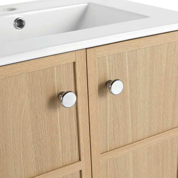 English Elm 24" Freestanding Bathroom Vanity with Ceramic Sink, Oak Finish, 2 Soft-Closing Doors, Open Shelf Storage W1972S00023