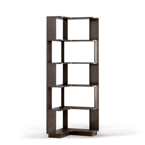 English Elm 6 Tier Freestanding L-Shaped Corner Bookshelf with Anti-Tip, Rounded Corners, 3D Wood Grain Finish Dark Brown W2899P372516