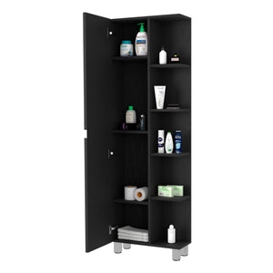 English Elm Urano Mirrored Linen Cabinet with 4 Interior Adjustable Shelves and 5 Open Exterior Storage Shelves Black 63.4 L x 16.5 W x 4.7 H B20091988