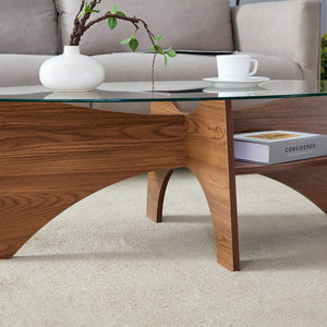 English Elm Oval Tempered Glass Coffee Table with Wood Grain Legs and Built-in Fan Tray Shelf W1151P256008