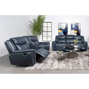 English Elm Stanwicke Blue 2-Piece Reclining Sofa Set with Loveseat Console, Faux Leather, Contrast Stitching, Pillowtop Arms for Ultimate Comfort B062S01275