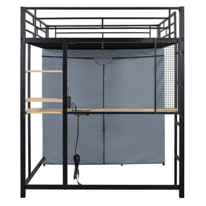 English Elm Full Loft Metal Bed with Built-In Desk, LED Strip, Power Outlet and Fabric Wardrobe for Space-Saving Living Black SF000179AAB