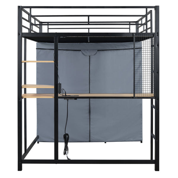 English Elm Full Loft Metal Bed with Built-In Desk, LED Strip, Power Outlet and Fabric Wardrobe for Space-Saving Living Black SF000179AAB