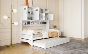 English Elm Twin Size Daybed With Trundle & Integrated Storage Shelf - Modern White Design For Kids & Teens N820S00026K-GIGA