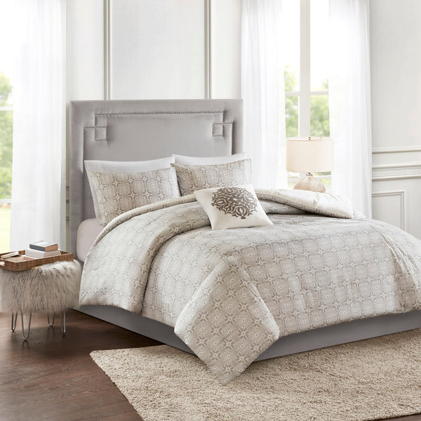 English Elm King/Cal King Malia 4-Piece Embroidered Cotton Reversible Duvet Cover Set – Shabby Chic Ivory Gray Medallion Elegance, Machine Washable B035129165
