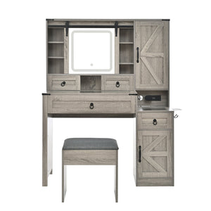English Elm Farmhouse LED Vanity Desk with Sliding Mirror, Glass Top Storage, Built-In Charging Station & Stool Gray 37 L x 18.5 W x 13 H N733P340562G