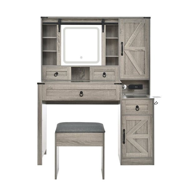 English Elm Farmhouse LED Vanity Desk with Sliding Mirror, Glass Top Storage, Built-In Charging Station & Stool Gray 37 L x 18.5 W x 13 H N733P340562G