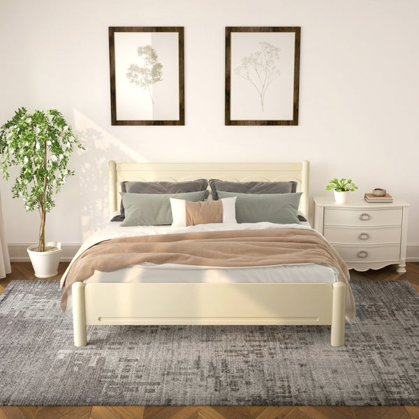 English Elm King Rubberwood Platform Bed with Headboard, 10 Slats, 600lb Support, Beige Finish, No Box Spring Needed W1716S00025