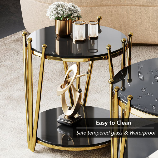 English Elm 19.69inch Gold Round Coffee Table with Crown Frame, 8mm Tempered Glass, Stainless Steel Base, Chic Storage Black W1550P171469