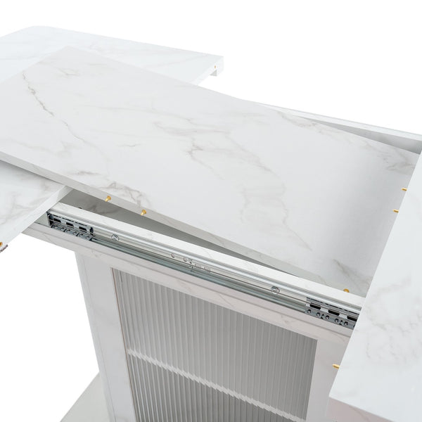 English Elm 47.24"-63"Modern Rectangle Dining Table with Extendable Top, Printed Marble Look, Sturdy Steel Base & Storage White W757P331962