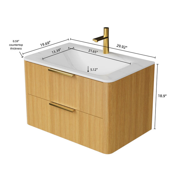 English Elm ZANE Floating 30" Vanity with Integrated Hot-Press Sintered Stone Basin, Soft-Close Drawers, Plywood Cabinet W2615P360722
