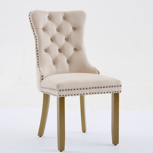 English Elm Mid-Century Lion Head Pull Ring Velvet Dining Chair with Tufted Cushion, Gold Wood Legs, Nailhead Trim Beige W1143P233644