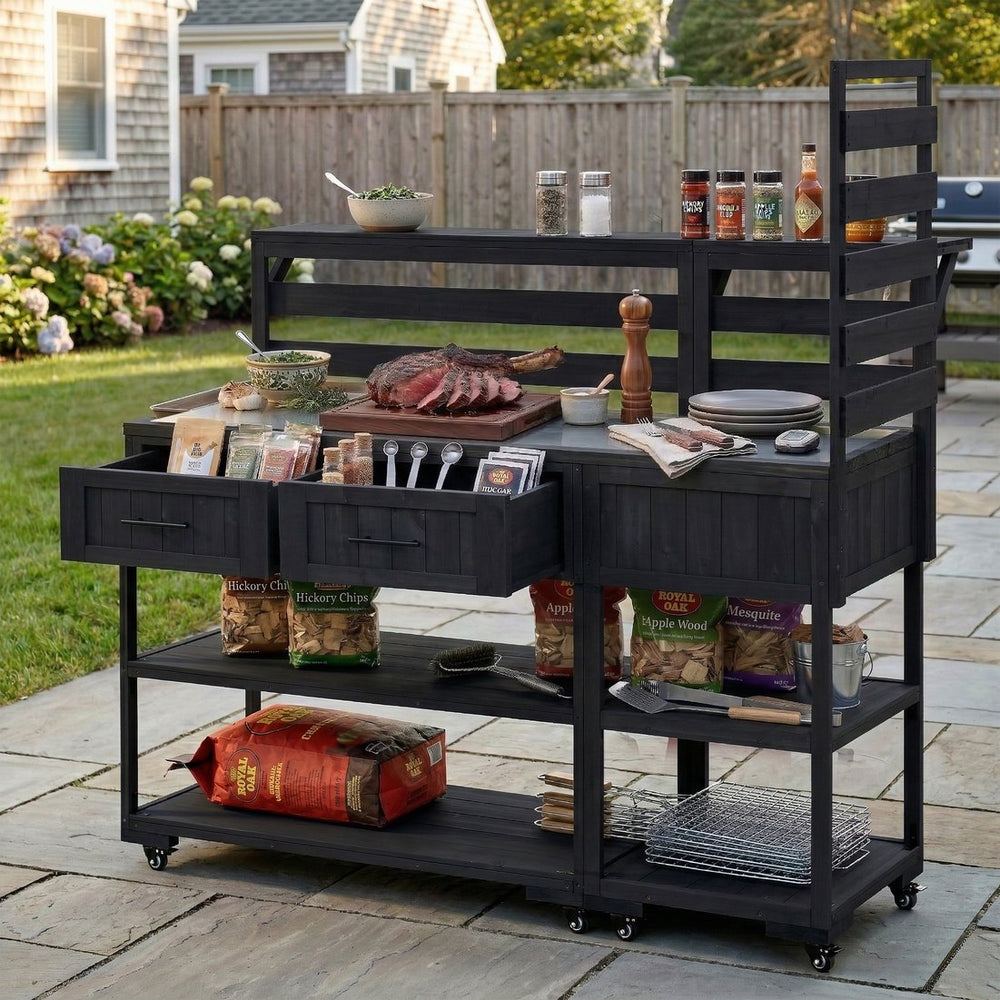 English Elm Topmax Modular Fir Wood Outdoor Kitchen Cart Stainless Steel Prep Station Black N717P417963B