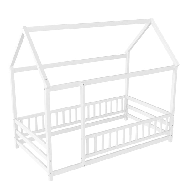 English Elm Twin Pine House Frame Floor Bed with Peaked Roof and Fence Guardrails for Kids White W1858P389938