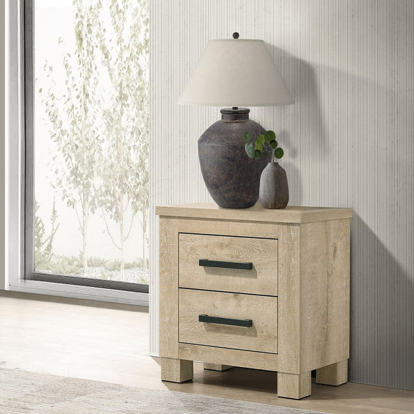 English Elm Sansome Weathered Oak Nightstand 2-Drawer Modern Farmhouse Bedside Table with Dark Bar Pulls, Textured Wood Grain Finish B062P378347