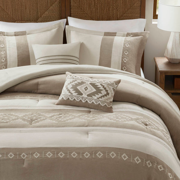 English Elm 5-piece Micro Suede Comforter Set with Geometric Embroidery for Full Queen Beds B035P408734