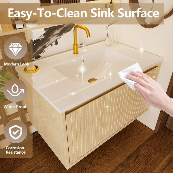 English Elm 30 Inch Bathroom Vanity with Sink — Floor-Standing Stability, Soft-Close Drawers, Ample Storage, Durable Finish Natural Wood 35.47 L x 21.85 W x 8.07 H W3520S00011