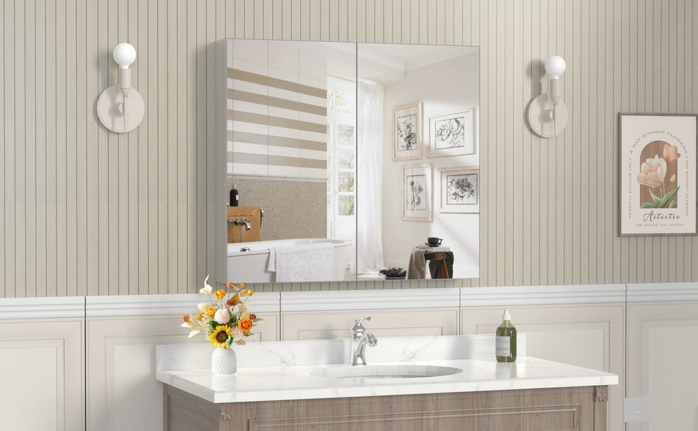 English Elm 32'' Aluminum Medicine Cabinet Wall Mount Bathroom Mirror with Adjustable Shelves Silver W708P379207