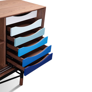 English Elm Finn Juhl Mid-century Walnut Veneer Sideboard with Sleek Steel Legs Dining Storage Blue,White B353S00012