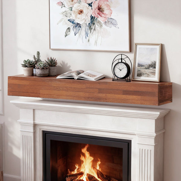 English Elm 72" Solid Cedar Floating Mantel Shelf Rustic Farmhouse Fireplace Wall Decor Display Light Brown W1390P407436