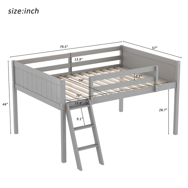 English Elm Full Low Loft Bed Pine Wood with Ladder & Guardrails, Space-Saving Play Area, Secure 350lb Capacity Gray WF531952AAE
