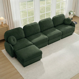 English Elm 137" Oversized Chenille Sectional Sofa with Movable Ottoman and Quilted Cushions Green W714S01772