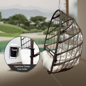 English Elm Swing Hammock Egg Chair with Wood-Grain Alloy Frame, UV-Resistant Rattan, Foldable 350lb Capacity beige brown W2707P184371