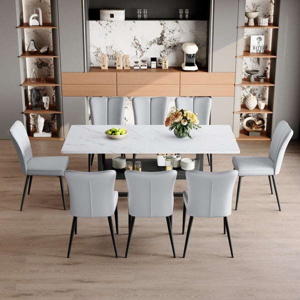 English Elm Table & Chair Set: Modern White Grain Dining Table With Storage And 8 Light Gray Ergonomic Chairs W1151S04267-GIGA