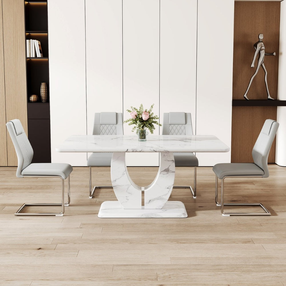 English Elm Table And Chair Set - Modern Marble Pattern Mdf Dining Table With 4 Light Gray Pu Chairs, Stylish Design W1151S02187-GIGA