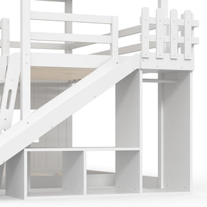 English Elm Twin Over Full Playhouse Bunk Bed with Slide Ladder Storage Shelves and Wardrobe Light White W5305S00039