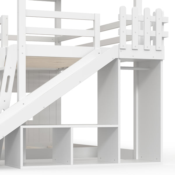 English Elm Twin Over Full Playhouse Bunk Bed with Slide Ladder Storage Shelves and Wardrobe Light White W5305S00039