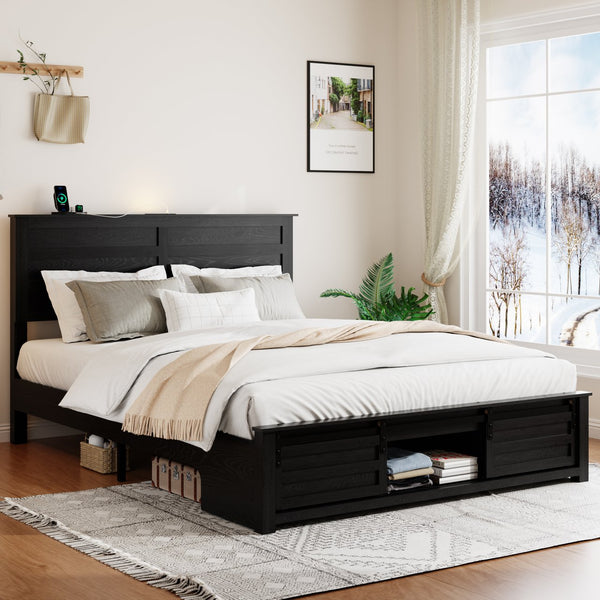 English Elm Queen Platform Bed Upholstered Headboard Led Lighting Charging Station Pet Area W636P254534