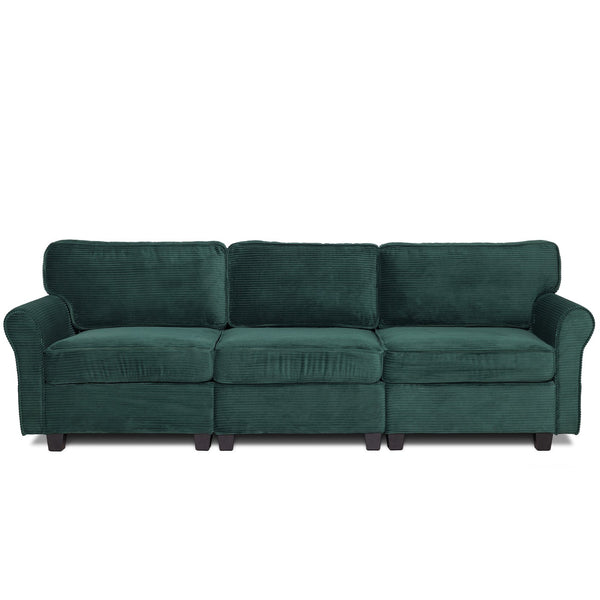 English Elm 94" Corduroy Three Seater Sofa Deep Cushioned Solid Wood Frame Modern Living Room Couch Dark Green W2715S00007