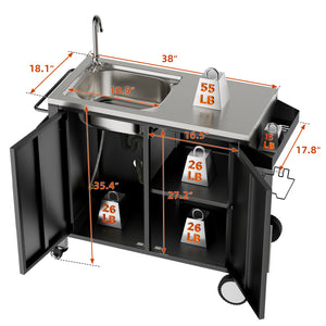 English Elm Outdoor Stainless Steel Grill Cart with Sink Cabinet Storage and Locking Wheels W3190P293812