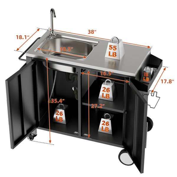 English Elm Outdoor Stainless Steel Grill Cart with Sink Cabinet Storage and Locking Wheels W3190P293812