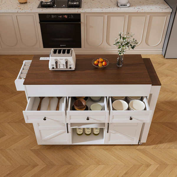 English Elm 74.8" Rolling Kitchen Island Extendable Marble Veneer Top with Power Outlet and Storage W2700S00105