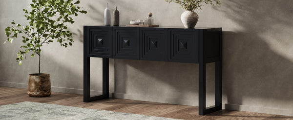 English Elm [video] Art Deco Console Table Geometric Carved Fronts Fluted Legs 3 Soft-close Drawers Black N759P433572B