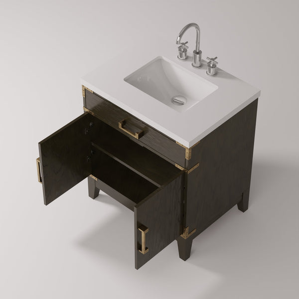 English Elm Brown Oak Single Bath Vanity With White Quartz Top, Chrome Faucet & Smart Storage Solution B2731P259760