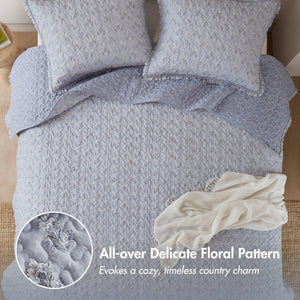 English Elm 3-piece Queen Ruffle Trim Quilt Set Vermicelli Stitched Romantic Coastal Bedding B035P408232