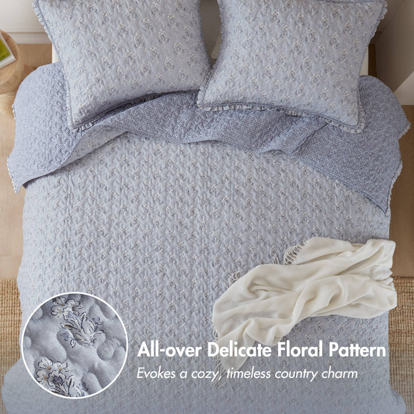 English Elm 3-piece King Quilt Set Ruffle Trim Vermicelli Stitching Soft Polyester Bohemian Bedding Blue B035P408233