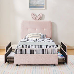 English Elm Twin Kids Boucle Upholstered Bed Rabbit Ear Headboard Led Lighting Four Storage Drawers Pink W1413P384920