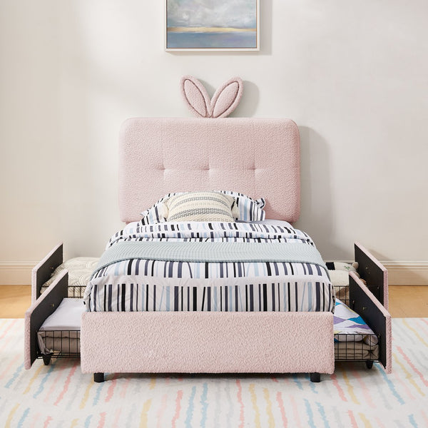 English Elm Twin Kids Boucle Upholstered Bed Rabbit Ear Headboard Led Lighting Four Storage Drawers Pink W1413P384920
