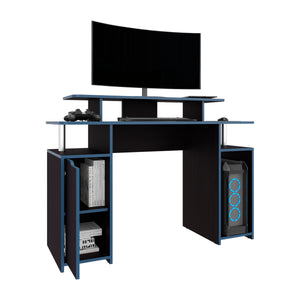 English Elm Keria 47" Gamer Desk with 2 Tiers, Three Shelves & PC Tower Stand — Black MDF, Blue Accent Trim B200P335322