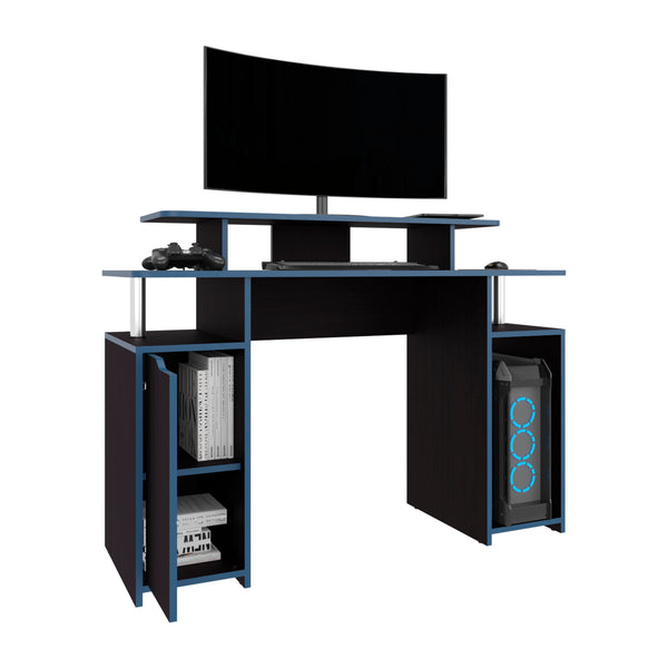 English Elm Keria 47" Gamer Desk with 2 Tiers, Three Shelves & PC Tower Stand — Black MDF, Blue Accent Trim B200P335322
