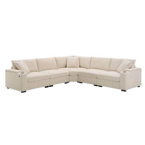 English Elm 104" Corduroy L-shaped Sectional with Usb Charging Armrest Storage and Cup Holders Beige N723S1187A