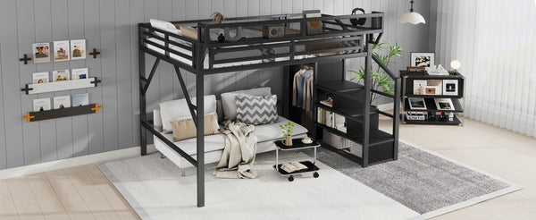 English Elm Full Size Metal Loft Bed with Stair Storage and Built-in Wardrobe for Teens W2580S00089
